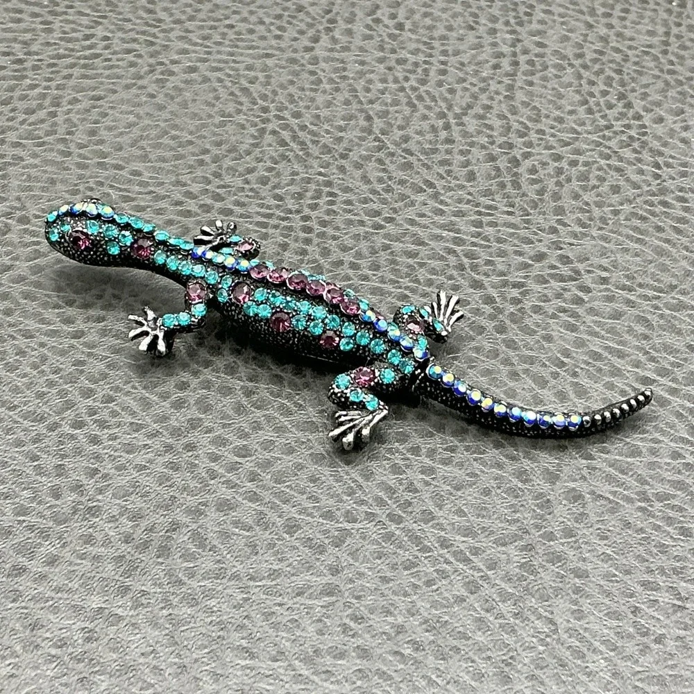 Multicolor Lizard Brooch Pin Turquoise Purple Rhinestone Reptile Animal Jewelry